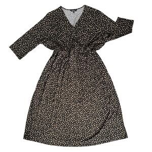 Ulla Popken Womens Midi Dress Plus Sz 28/30 Black Tan Faux Wrap Boho Chic Work